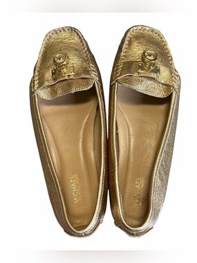Michael Kors Metallic Gold Leather MK Charm Moccasin Flats/Loafers size 7.5